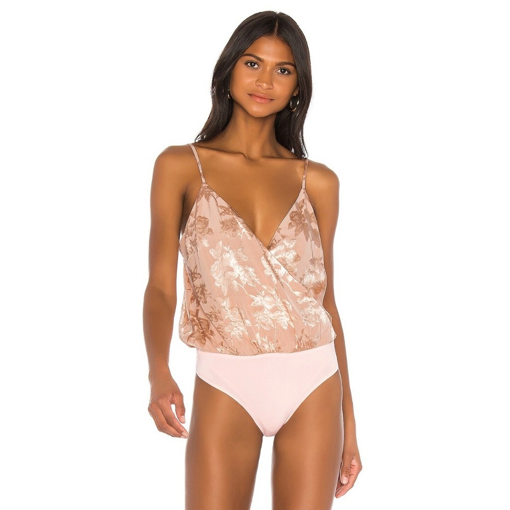 Lovers + Friends Dusty Blush Floral Satin Surplice Bodysuit